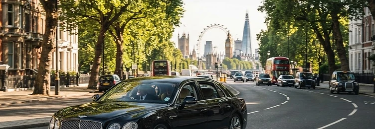 Black executive saloon on a tree-lined avenue approaching central London in bright natural daylight