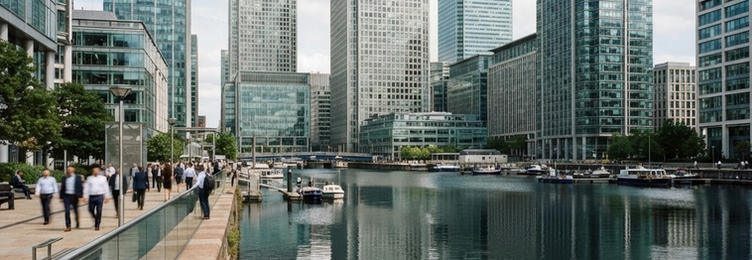 Canary Wharf modern waterfront business district with glass skyscrapers reflected in dock water in bright natural daylight