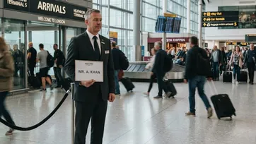 Professional chauffeur holding a name sign inside the Heathrow Terminal 5 arrivals hall for meet-and-greet collection