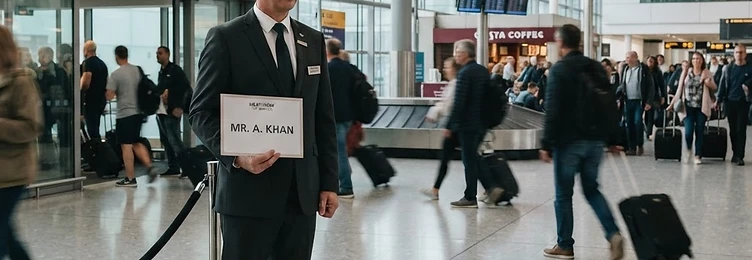 Professional chauffeur holding a name sign inside the Heathrow Terminal 5 arrivals hall for meet-and-greet collection