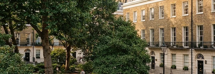 Bloomsbury with a historic literary garden square and Georgian terraces in bright natural daylight