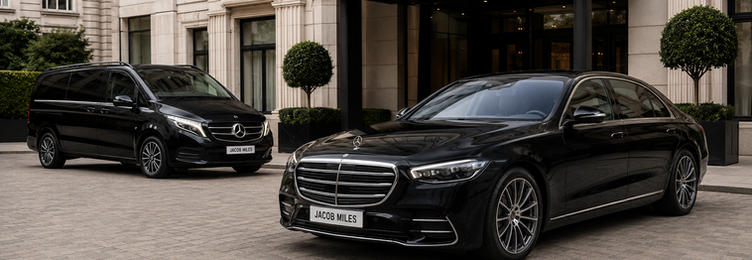 Jacob Miles luxury Mercedes-Benz fleet parked outside a prestigious London property