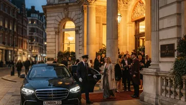 Black chauffeur-driven Mercedes arriving at a grand London event venue entrance in the evening