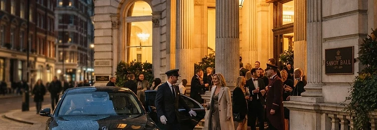 Black chauffeur-driven Mercedes arriving at a grand London event venue entrance in the evening