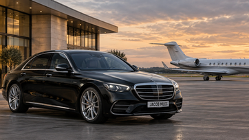 Jacob Miles chauffeur Mercedes S-Class parked beside a private aviation terminal at Farnborough Airport with a private jet in the background at sunset