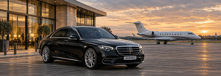 Jacob Miles chauffeur Mercedes S-Class parked beside a private aviation terminal at Farnborough Airport with a private jet in the background at sunset