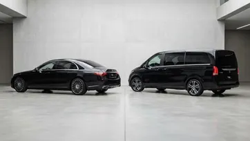 Side-by-side comparison of a black Mercedes S-Class sedan and a black Mercedes V-Class van for airport transfers