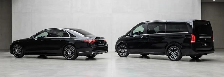 Side-by-side comparison of a black Mercedes S-Class sedan and a black Mercedes V-Class van for airport transfers