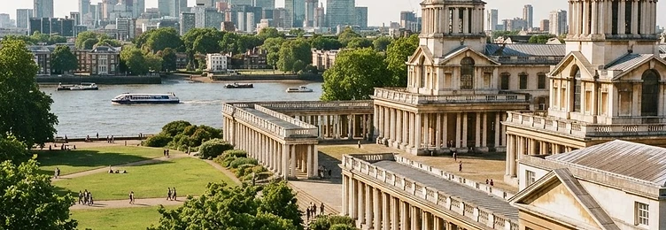 Greenwich with classical maritime architecture, stone columns and parkland overlooking the Thames in bright natural daylight