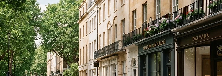 Elegant Mayfair street with Georgian architecture, boutique shopfronts and mature trees in bright natural daylight