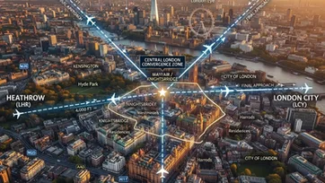 Aerial view of approach paths from multiple London airports converging toward the Mayfair and Knightsbridge skyline at golden hour