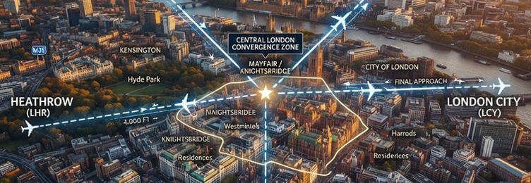 Aerial view of approach paths from multiple London airports converging toward the Mayfair and Knightsbridge skyline at golden hour