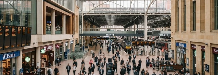 London Euston Station with modern station architecture and a busy concourse in bright natural daylight