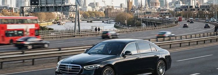 Black executive saloon travelling on a London motorway with the city skyline in the distance in bright natural daylight