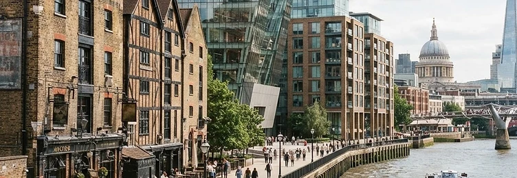 Southwark with historic riverside warehouses alongside modern developments near the Thames in bright natural daylight