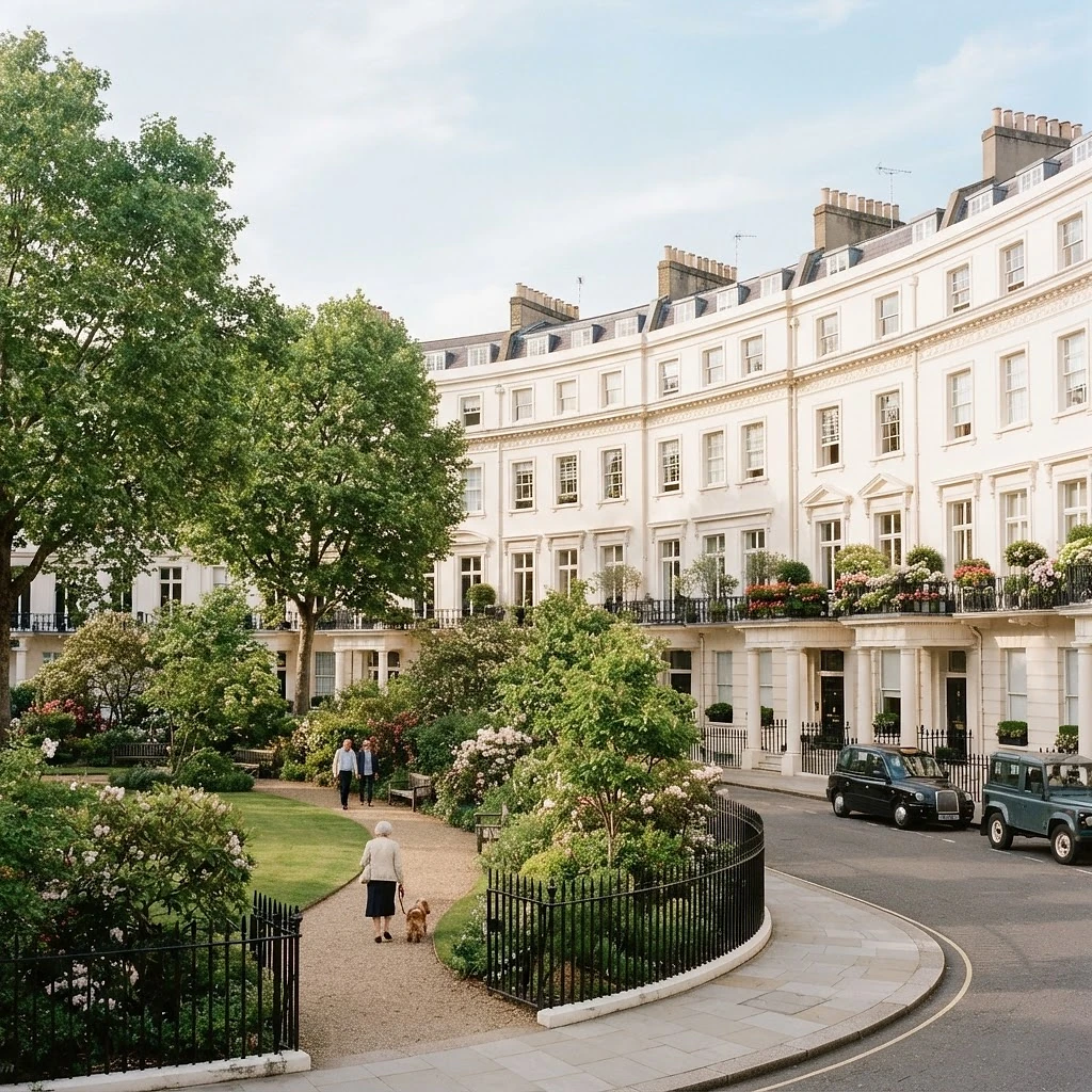 Belgravia with elegant white stucco townhouses and a quiet garden square in bright natural daylight