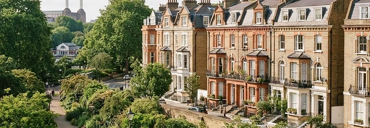 Battersea with Victorian residential terraces and green parkland in bright natural daylight