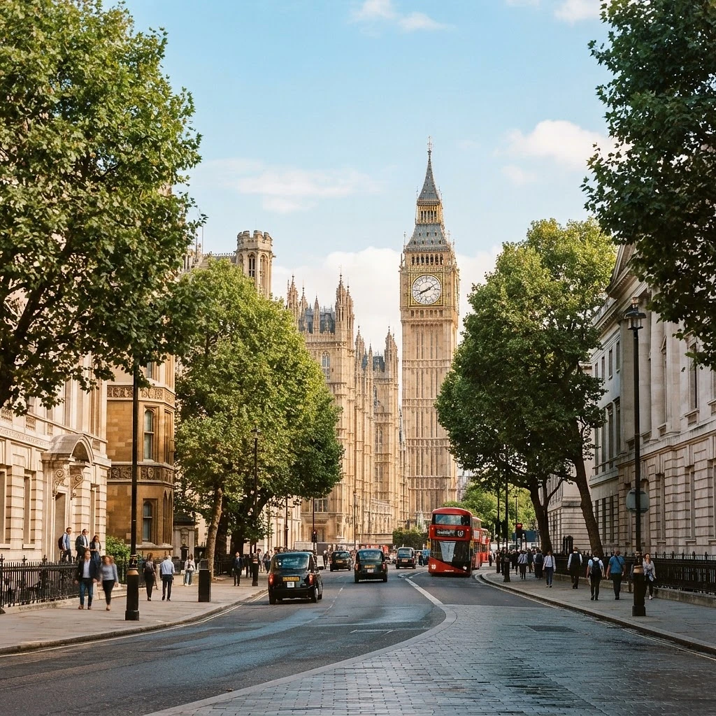 Westminster with classical government stone architecture and tree-lined streets in bright natural daylight