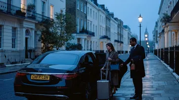 Luxury chauffeur vehicle on a quiet central London street at dawn ready for an early Heathrow departure