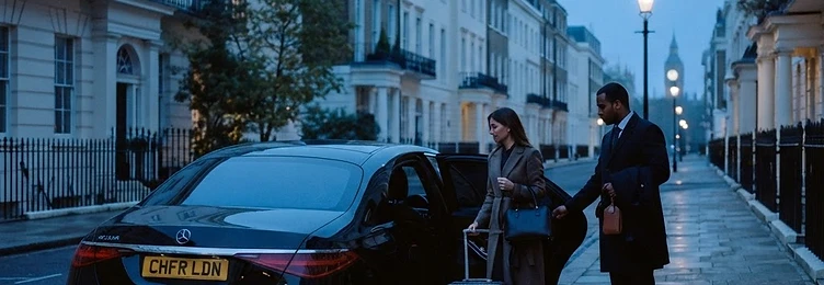 Luxury chauffeur vehicle on a quiet central London street at dawn ready for an early Heathrow departure