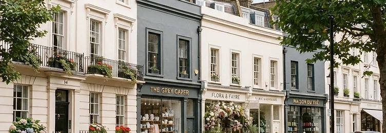 Chelsea with charming Georgian townhouses and boutique shopfronts in bright natural daylight
