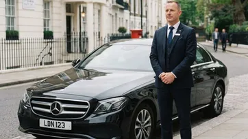 Professional chauffeur standing beside a black Mercedes for hourly hire in London