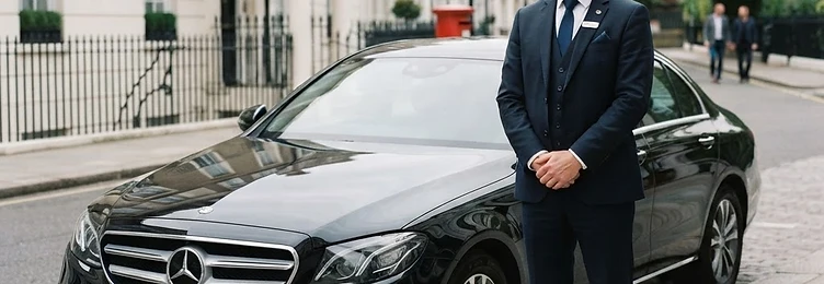 Professional chauffeur standing beside a black Mercedes for hourly hire in London