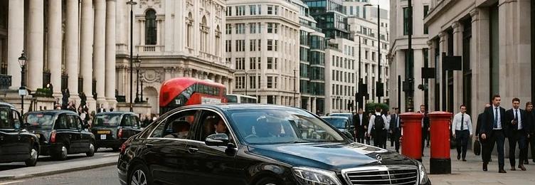 Black executive saloon on a City of London road with financial district buildings and stone facades in bright natural daylight