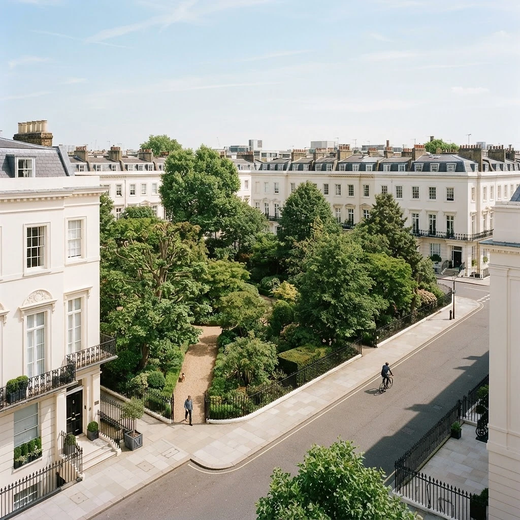 Pimlico with a quiet grid of white stucco terraces and garden squares in bright natural daylight