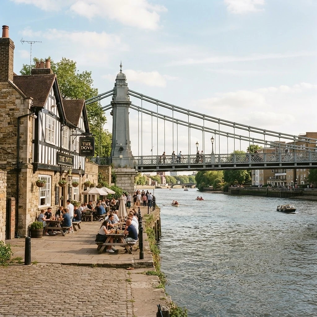 Hammersmith with a historic riverside bridge and traditional pub architecture along the Thames in bright natural daylight