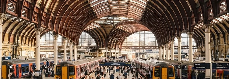London Waterloo Station with a large Victorian concourse and iron arches near the South Bank in bright natural daylight