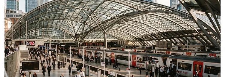 London Liverpool Street Station with a modern glass canopy concourse in the financial district in bright natural daylight