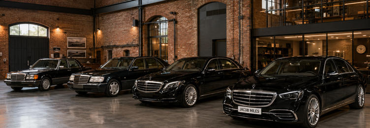 Four black Mercedes-Benz S-Class chauffeur vehicles lined up inside a brick-walled showroom with the Jacob Miles plate on the newest model