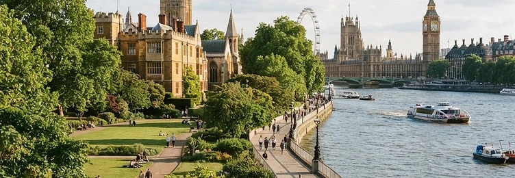 Lambeth with riverside architecture and green parkland along the Thames in bright natural daylight