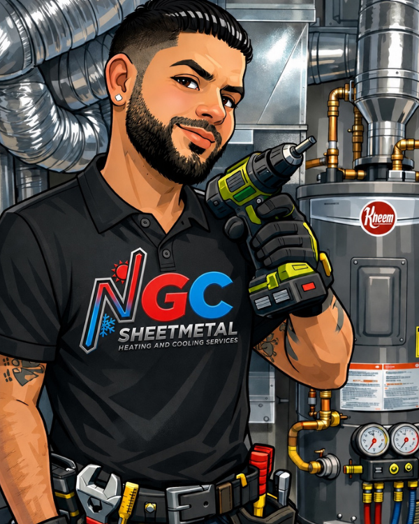 Manny, owner of NGC Sheetmetal, in a mechanical room with HVAC and water heating equipment
