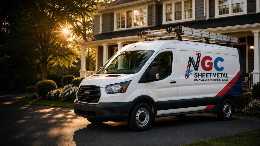 NGC Sheetmetal service van parked outside a Greater Boston home