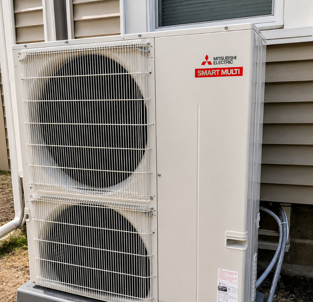 Mitsubishi outdoor condenser units installed by NGC Sheetmetal for year-round comfort in Greater Boston.