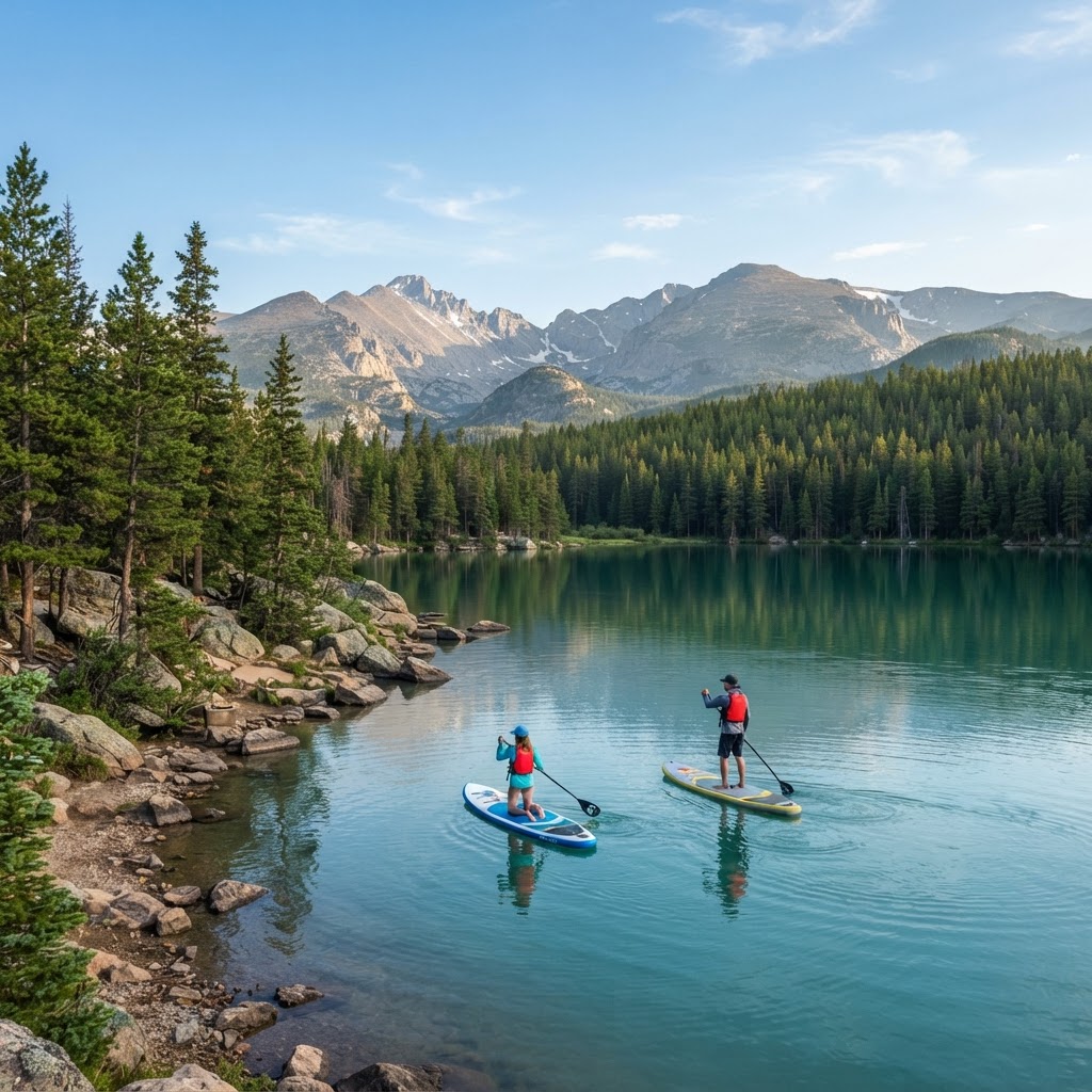 Paddlers wearing life jackets on a calm Colorado reservoir at sunrise