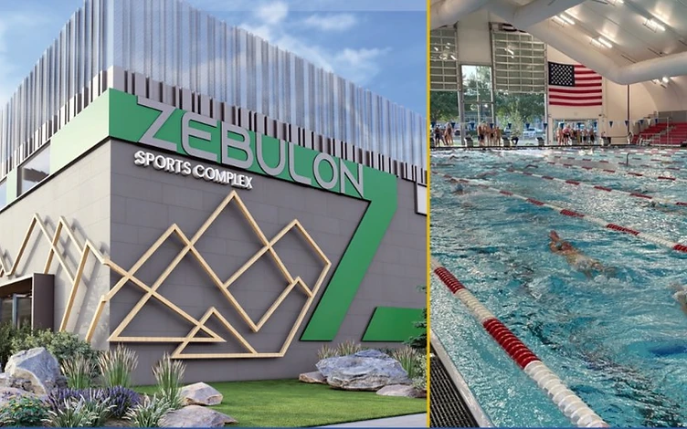 Conceptual Colorado Aquatic Center building rendering beside a reference competition pool photo
