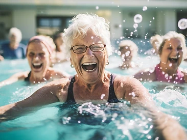 Senior women laughing together during a water aerobics class in an indoor pool
