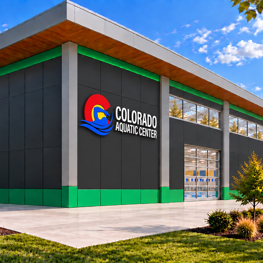 Conceptual rendering of the planned Colorado Aquatic Center, showing the CAC logo on the building facade