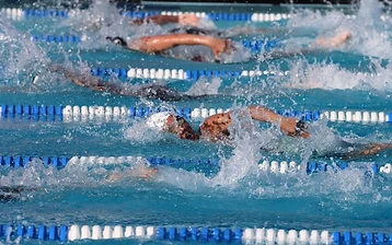 Swimmers racing freestyle across lanes during a competition