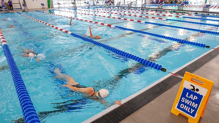 Swimmers doing laps in a bright indoor multi-lane pool