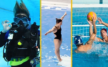 Scuba diver, platform diver, and water polo players in an indoor pool
