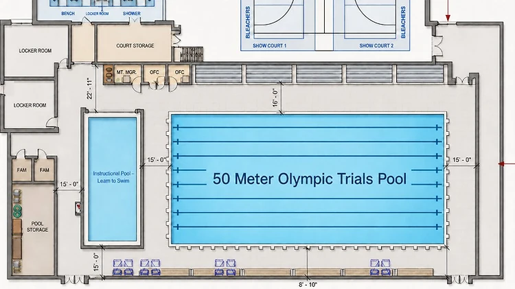 Architectural floor plan showing the 50-meter pool, instructional pool, sport courts, and support spaces