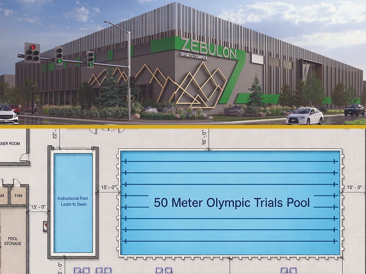 Conceptual Colorado Aquatic Center building rendering above a preliminary pool floor plan