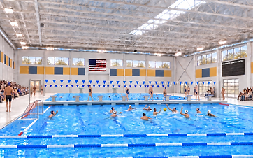 Conceptual rendering of the Colorado Aquatic Center interior during a water polo match, with the competition pool, spectator seating, and scoreboard