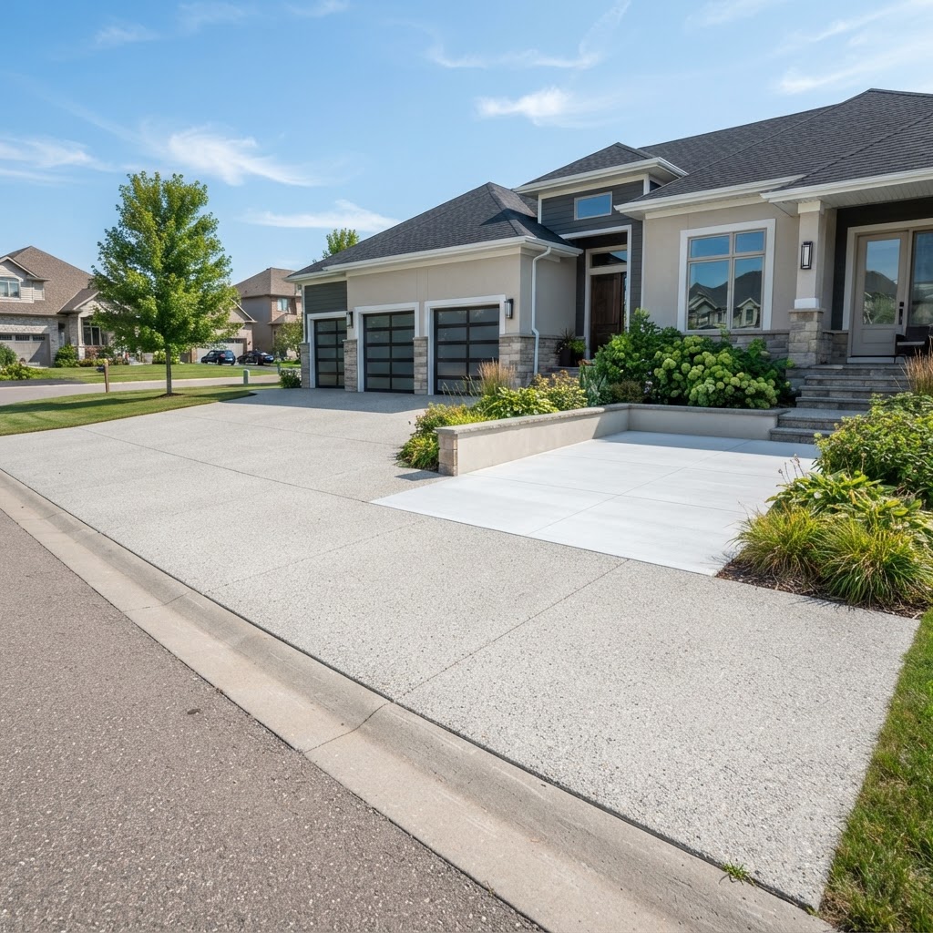 Cleaned concrete driveway and walkway after pressure washing