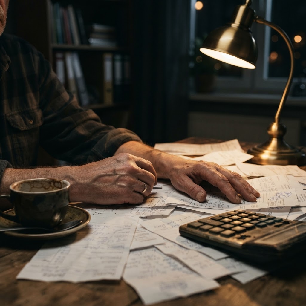 Paperwork piled on a desk late at night
