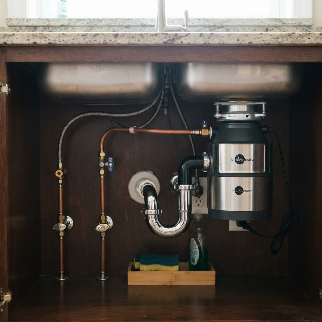 Under-counter kitchen sink plumbing